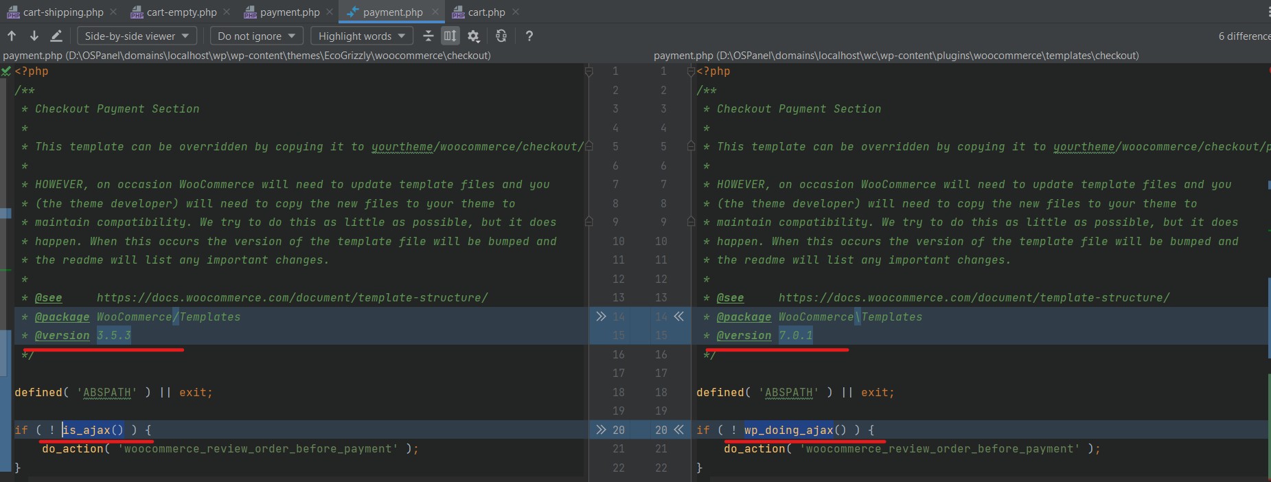 Analysis of differences in the payment.php file